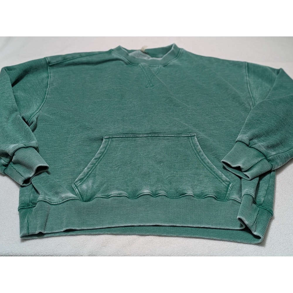 Free People Slow It Down Oversized Pullover Crew Sweatshirt Med Green Distressed